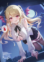 Rule 34 | 1girl, black skirt, black thighhighs, blonde hair, blush, breast cutout, breasts, demon girl, demon tail, demon wings, detached sleeves, gomashio ponz, highres, large breasts, long hair, looking at viewer, moon, night, night sky, original, pointy ears, red eyes, shirt, skirt, sky, smile, solo, tail, thighhighs, tongue, tongue out, vampire, white shirt, wings