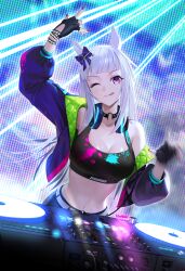 Rule 34 | 1girl, :p, absurdres, alternate costume, animal ears, arm up, black gloves, black sports bra, bow, bracelet, breasts, cleavage, closed mouth, commentary, dj, ear bow, fingerless gloves, gloves, gold ship (umamusume), grey hair, headphones, headphones around neck, highres, horse ears, horse girl, jacket, jewelry, long hair, long sleeves, medium breasts, midriff peek, motion blur, multicolored clothes, multicolored jacket, multicolored sports bra, nail polish, navel, one eye closed, pendant choker, purple bow, purple eyes, red nails, smile, solo, sports bra, stage, symbol-only commentary, tongue, tongue out, ugohato, umamusume, very long hair
