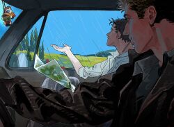 Rule 34 | 2boys, black hair, blue sky, brown hair, car interior, castiel, character doll, day, dean winchester, highres, holding, holding map, jacket, looking at another, male focus, map, mature male, mouth hold, multiple boys, open clothes, open jacket, rain, short hair, sky, smile, supernatural (tv series), upper body, yanyibiour