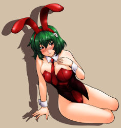 Rule 34 | 1girl, animal ears, bare legs, blush, breasts, cleavage, daisy, fake animal ears, female focus, flower, hair flower, hair ornament, hand on own chest, kanzume, kazami yuuka, large breasts, leaning forward, leotard, necktie, playboy bunny, rabbit ears, red eyes, red necktie, short hair, simple background, solo, touhou, wrist cuffs