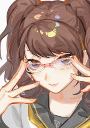 Rule 34 | 1girl, absurdres, blue eyes, brown hair, closed mouth, cropped shoulders, glasses, hands up, highres, kobayashiyouyouko, kujikawa rise, looking over eyewear, persona, persona 4, raised eyebrows, school uniform, smile, solo, twintails