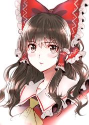 Rule 34 | 1girl, ascot, bad id, bad pixiv id, black hair, bow, brown eyes, collarbone, commentary request, eyelashes, frilled bow, frilled shirt collar, frills, hair between eyes, hair tubes, hakurei reimu, highres, long hair, looking at viewer, parted lips, red bow, rosette (roze-ko), sidelocks, simple background, solo, touhou, upper body, white background, yellow ascot