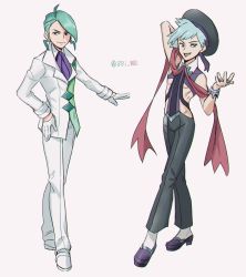 Rule 34 | 10s, 2boys, arm behind head, ascot, bad id, bad twitter id, bbrangka, blue eyes, blue hair, cosplay, costume switch, creatures (company), formal, game freak, gloves, gym leader, hat, multiple boys, nintendo, personality switch, pokemon, pokemon oras, revealing clothes, short hair, silver hair, simple background, steven stone, suit, tan background, twitter username, wallace (pokemon), white gloves, white suit