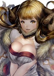 Rule 34 | 1girl, :d, anila (granblue fantasy), blonde hair, blunt bangs, breasts, breasts squeezed together, bright pupils, commentary request, curled horns, dress, granblue fantasy, highres, horns, large breasts, long hair, looking at viewer, open mouth, orange eyes, shimashima (simasima 23), short eyebrows, smile, solo, thick eyebrows, upper body, v arms, white dress