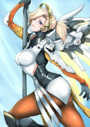 Rule 34 | 1girl, blonde hair, blue background, blue eyes, bodysuit, breasts, commentary request, cowboy shot, emblem, female focus, from side, gggg, halo, high ponytail, highres, large breasts, looking at viewer, mechanical halo, mechanical wings, mercy (overwatch), overwatch, overwatch 1, pantyhose, parted lips, sideways glance, solo, staff, wings
