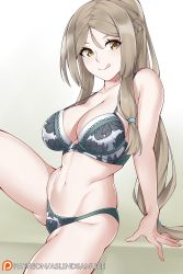 Rule 34 | 1girl, aslindsamure, atelier (series), atelier firis, bare shoulders, blush, bra, braid, breasts, brown hair, cleavage, closed mouth, collarbone, firis mistlud, french braid, green bra, green panties, hair between eyes, highres, large breasts, licking lips, long hair, looking at viewer, navel, panties, parted bangs, ponytail, sidelocks, simple background, sitting, smile, solo, thighs, tongue, tongue out, underwear, white background, yellow eyes