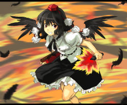 Rule 34 | 1girl, black feathers, black hair, black wings, cowboy shot, feathers, female focus, flying, frilled skirt, frills, grin, hand fan, hat, letterboxed, looking at viewer, pom pom (clothes), puffy short sleeves, puffy sleeves, shameimaru aya, short hair, short sleeves, skirt, smile, solo, tengu, tetsu (kimuchi), tokin hat, touhou, wings