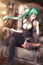 Rule 34 | .live, 1girl, 8gou, aqua eyes, armchair, ascot, bare shoulders, bell, black-framed eyewear, black bow, black skirt, black thighhighs, book, bottle, bow, breasts, brooch, buttons, chair, cross-laced clothes, crossed legs, day, dutch angle, feet out of frame, glasses, green hair, hair bell, hair bow, hair ornament, hand up, head tilt, highres, jewelry, jingle bell, kagura suzu (.live), large breasts, light particles, long hair, looking at viewer, parted lips, semi-rimless eyewear, shelf, shirt, sitting, skirt, sleeveless, sleeveless shirt, smile, solo, striped, sunlight, table, thighhighs, under-rim eyewear, v-shaped eyebrows, vertical stripes, virtual youtuber, white ascot, white shirt, wooden floor