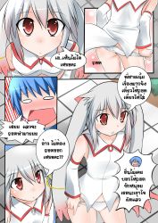 Rule 34 | 10s, animal ears, blue hair, blush, catstudioinc (punepuni), comic, detached sleeves, emphasis lines, grey hair, highres, kaito (vocaloid), kyubey, left-to-right manga, mahou shoujo madoka magica, mahou shoujo madoka magica (anime), panties, panty pull, personification, red eyes, tail, thai text, translation request, underwear, undressing, vocaloid, wing collar