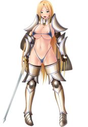 Rule 34 | 1girl, armor, bikini, bishoujo-darake yume no bouken seikatsu!, blonde hair, blush, breasts, cherry kiss, eyes visible through hair, facing viewer, female focus, full body, game cg, gauntlets, green eyes, highres, huge breasts, large breasts, long hair, looking at viewer, mahjong strip solitaire, miel (company), navel, open mouth, pigeon-toed, simple background, smile, solo, sonia yuditto, standing, string bikini, swimsuit, sword, tongue, transparent background, weapon