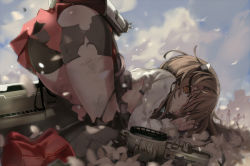 Rule 34 | 10s, 1girl, ass, blurry, brown eyes, brown hair, depth of field, headband, kantai collection, looking at viewer, machinery, petals, shino (eefy), short hair, solo, taihou (kancolle), top-down bottom-up, torn clothes