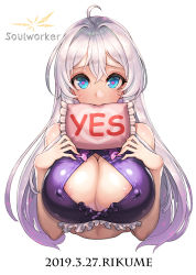 Rule 34 | 1girl, aged up, ahoge, areola slip, artist name, bare arms, bare shoulders, blue eyes, blush, breasts, cleavage, cleavage cutout, clothing cutout, commentary, copyright name, covered erect nipples, cropped torso, dated, frills, hands on own chest, heart, heart-shaped pupils, large breasts, long hair, looking at viewer, mouth hold, rikume, silver hair, simple background, sleeveless, solo, soulworker, stella unibell, symbol-shaped pupils, tears, upper body, white background, yes-no pillow