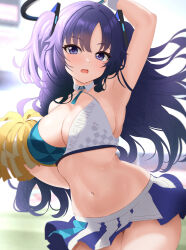 Rule 34 | 1girl, absurdres, blue archive, breasts, cheering, cheerleader, cleavage, cowboy shot, detached collar, halo, halterneck, highres, large breasts, long hair, mechanical halo, millennium cheerleader outfit (blue archive), navel, ni tamago sando, open mouth, purple eyes, purple hair, solo, two side up, yuuka (blue archive)