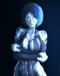 Rule 34 | 1girl, absurdres, animification, blue background, blue eyes, blue hair, blue skin, blue theme, breasts, cleavage, collarbone, colored skin, cortana, crossed arms, hair between eyes, halo (series), halo 4, highres, kenku art, looking at viewer, looking to the side, medium breasts, short hair, solo