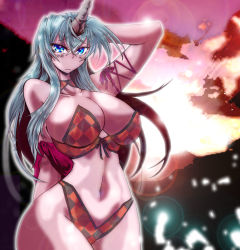 Rule 34 | 1girl, bikini, blue eyes, blue hair, breasts, character request, curvy, female focus, hand in own hair, hip focus, horns, huge breasts, long hair, matching hair/eyes, muntaro, navel, outdoors, single horn, solo, standing, swimsuit, sword world, wide hips
