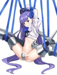 Rule 34 | 1girl, arms up, ass, blue eyes, blush, bound, crotch plate, fate/extra, fate/extra ccc, fate/grand order, fate (series), flat chest, legs up, long hair, meltryllis (fate), meltryllis (second ascension) (fate), michihasu, navel, purple hair, ribbon, ribbon bondage, spikes, thighs, very long hair, white background