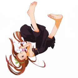 Rule 34 | 1girl, absurdres, annindoufu (oicon), barefoot, brown hair, dress, feet, forehead, full body, hairband, highres, idolmaster, idolmaster (classic), jewelry, long hair, minase iori, nail polish, official art, one eye closed, rabbit, red eyes, ribbon, simple background, soles, solo, stuffed animal, stuffed rabbit, stuffed toy, toe ring, toes, upside-down, wink