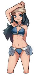 Rule 34 | 1girl, absurdres, alternate costume, arm behind back, arm up, bare arms, beanie, bikini, black hair, blue eyes, breasts, cleavage, closed mouth, collarbone, commentary, creatures (company), criss-cross halter, dawn (pokemon), english commentary, eyelashes, game freak, hair ornament, hairclip, halterneck, hat, highres, knees, long hair, looking at viewer, midriff, navel, nintendo, oninuer, pokemon, pokemon (anime), pokemon dppt (anime), shiny skin, simple background, solo, swimsuit, white background