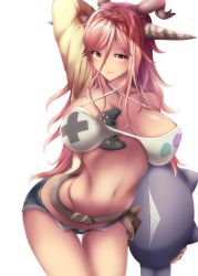 Rule 34 | 1girl, arched back, arm up, ayakase riberi, bikini, bikini top only, blush, breasts, closed mouth, controller, cowboy shot, criss-cross halter, halterneck, highres, hood, hoodie, large breasts, leaning forward, long hair, looking at viewer, off shoulder, open clothes, open fly, open hoodie, original, pink eyes, pink hair, short shorts, shorts, smile, solo, stuffed toy, sweat, swimsuit, thigh gap, very long hair, virtual youtuber