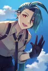 Rule 34 | 1girl, :d, ahoge, black gloves, black necktie, bright pupils, cloud, collared shirt, commentary request, creatures (company), day, earrings, game freak, gloves, green hair, happy, highres, jewelry, necktie, nintendo, open mouth, outdoors, pokemon, pokemon sv, red eyes, rika (pokemon), shirt, sky, smile, solo, stud earrings, suspenders, teeth, upper teeth only, zeroki (izuno)