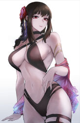 Rule 34 | 1girl, alternate costume, armlet, bikini, black bikini, black choker, black hair, breasts, choker, commentary, criss-cross halter, earrings, english commentary, floral print, flower, hair flower, hair ornament, halterneck, highleg, highleg bikini, highres, jewelry, large breasts, long hair, looking at viewer, navel, parted lips, red eyes, red flower, red shawl, shawl, sideboob, solo, spy x family, swimsuit, tommy (kingdukeee), white background, yor briar