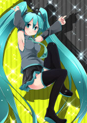 Rule 34 | 1girl, aqua hair, armpits, arms up, boots, detached sleeves, green eyes, hatsune miku, highres, long hair, necktie, noa (nagareboshi), skirt, smile, solo, thigh boots, thighhighs, twintails, very long hair, vocaloid