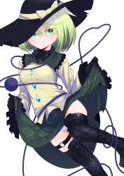 Rule 34 | 1girl, absurdres, belt boots, black footwear, black hat, boots, clothes lift, cross-laced footwear, frilled skirt, frills, green eyes, green hair, green skirt, hat, highres, komeiji koishi, lace-up boots, long sleeves, looking at viewer, menou 74, shirt, short hair, skirt, skirt lift, solo, thigh boots, thigh strap, thighhighs, third eye, touhou, white background, yellow shirt