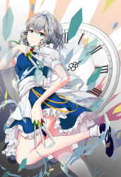 Rule 34 | 1girl, back bow, between fingers, black footwear, blue dress, blue eyes, bobby socks, bow, braid, breasts, clock, closed mouth, commentary request, dress, foot out of frame, foot up, frills, gradient background, grey hair, hair between eyes, hand up, highres, hira-san, holding, holding knife, izayoi sakuya, knife, large breasts, looking at viewer, looking back, maid headdress, petticoat, puffy short sleeves, puffy sleeves, serious, short hair, short sleeves, side braids, simple background, socks, solo, throwing knife, touhou, twin braids, v-shaped eyebrows, weapon, white bow, white headwear