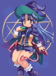 Rule 34 | 1girl, blue hair, closed mouth, demon tail, grin, hat, horns, ruruie (shinrabanshou), shinrabanshou, smile, solo, tagme, tail, thighs, witch hat, yu 3