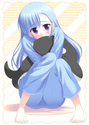 Rule 34 | 10s, 1girl, barefoot, blue hair, blush, covering face, covering own mouth, covering privates, cowering, fin e ld si laffinty, hair down, hinata keiichi, hugging object, long hair, orca, pajamas, purple eyes, rinne no lagrange, sitting, solo, stuffed animal, stuffed toy, tears