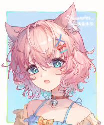 Rule 34 | 1girl, animal ear fluff, animal ears, aqua eyes, aqua hair, bare shoulders, bell, blue background, blue camisole, blush, border, bright pupils, camisole, cat ears, choker, collarbone, fang, fish hair ornament, gradient hair, hair ornament, highres, jingle bell, lixiang guo alice, looking at viewer, multicolored hair, neck bell, open mouth, original, outside border, pink hair, red choker, short hair, simple background, skin fang, solo, twitter username, upper body, white border, x hair ornament