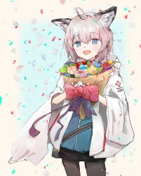 Rule 34 | 1girl, ahoge, ald (arudoo), animal ears, arknights, black choker, black pantyhose, black skirt, blue eyes, blue vest, bouquet, bow, choker, coat, commentary, cowboy shot, flower, fox ears, fox girl, hair between eyes, happy birthday, highres, holding, holding bouquet, hood, hood down, hooded coat, lab coat, long sleeves, miniskirt, open mouth, pantyhose, red bow, short hair, skirt, solo, sussurro (arknights), vest, white coat