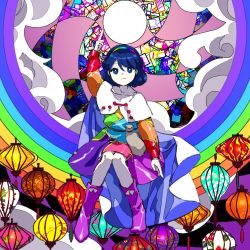 Rule 34 | 1girl, blue eyes, blue hair, boots, cape, cloud, dress, footwear ribbon, full body, hair between eyes, hairband, kaigen 1025, knees together feet apart, lantern, looking at viewer, multicolored clothes, multicolored dress, multicolored hairband, pointing, pointing down, pointing up, purple footwear, rainbow, rainbow gradient, short hair, sitting, sky print, solo, tenkyuu chimata, touhou, two-sided cape, two-sided fabric, white cape