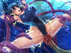 Rule 34 | 1girl, ahegao, bare legs, bare shoulders, barefoot, bdsm, blue hair, bondage, bound, breasts, bubble, cameltoe, closed mouth, competition swimsuit, covered erect nipples, covered navel, creature, curvy, female focus, fingernails, game cg, green eyes, head, igawa asagi, kagami hirotaka, ladder, large breasts, lilith-soft, long hair, moaning, official art, one-piece swimsuit, parted lips, partially visible vulva, pool, restrained, ryona, school, shiny skin, solo, spread legs, swimsuit, taimanin (series), taimanin asagi, taimanin asagi zero, tentacles, thighs, underwater, water, wet, wet clothes, wrapped
