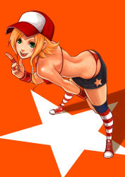Rule 34 | 1girl, alice garnet nakata, back, bikini, bikini top only, blonde hair, blush, converse, fatal fury, full body, green eyes, hat, jewelry, open mouth, orange background, ring, s.n.x, shoes, simple background, sneakers, snk, solo, star (symbol), swimsuit, the king of fighters, the king of fighters xiv, thong