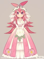 Rule 34 | 1girl, artist name, bouquet, bridal veil, bride, corsage, dress, flaky (happy tree friends), flower, full body, hair between eyes, happy tree friends, holding, holding bouquet, jewelry, kab00m chuck, long hair, looking at viewer, necklace, red hair, see-through, simple background, smile, solo, sparkle, standing, translation request, veil, very long hair, wedding dress