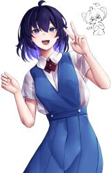 Rule 34 | &gt; &lt;, 2girls, :&lt;, :d, absurdres, ahoge, blue dress, blue eyes, bronya zaychik, chibi, commentary request, cowboy shot, dress, hands up, highres, honkai (series), honkai impact 3rd, looking at viewer, multiple girls, open mouth, purple hair, pyeong-il pyeongil, seele vollerei, shirt, short hair, short sleeves, simple background, smile, standing, v, white background, white shirt
