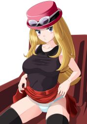Rule 34 | 1girl, black thighhighs, blonde hair, blue eyes, blush stickers, breasts, closed mouth, clothes lift, collared shirt, commentary request, couch, creatures (company), eyelashes, eyewear on headwear, game freak, hat, highres, lifting own clothes, long hair, medium breasts, nintendo, panties, pink hat, pokemon, pokemon xy, red skirt, s.forest, serena (pokemon), shirt, sitting, skirt, skirt lift, sleeveless, sleeveless shirt, solo, sunglasses, thighhighs, underwear, white-framed eyewear