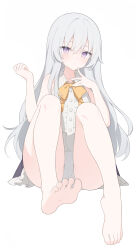 Rule 34 | 1girl, bare arms, bare legs, bare shoulders, barefoot, black skirt, bow, center frills, closed mouth, collared shirt, commentary request, elaina (majo no tabitabi), frilled skirt, frills, full body, grey hair, hair between eyes, hands up, highres, jyt, knees up, long hair, looking at viewer, majo no tabitabi, panties, pleated skirt, purple eyes, shirt, simple background, sitting, skirt, sleeveless, sleeveless shirt, soles, solo, toes, underwear, very long hair, white background, white panties, white shirt, yellow bow