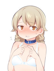 Rule 34 | 1girl, bad id, bad pixiv id, bare arms, bare shoulders, belt buckle, belt collar, blue collar, blush, bow, bow bra, bra, breasts, brown eyes, buckle, collar, collarbone, fingers together, flying sweatdrops, hands up, idolmaster, idolmaster cinderella girls, index fingers together, light brown hair, long hair, looking at viewer, morikubo nono, no shirt, nose blush, simple background, small breasts, solo, sweat, uccow, underwear, white background, white bra