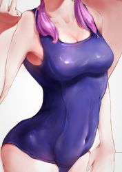 Rule 34 | 1girl, arknights, bare arms, bare shoulders, blue poison (arknights), blue one-piece swimsuit, breasts, cleavage, commentary, covered navel, cowboy shot, hand up, head out of frame, highres, long hair, medium breasts, one-piece swimsuit, pink hair, solo, soukl.m, swimsuit