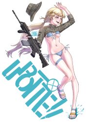 Rule 34 | 1girl, absurdres, adapted costume, assault rifle, bikini, blonde hair, blue bikini, blue eyes, boonie hat, camouflage, camouflage headwear, camouflage jacket, clothing cutout, gun, hair ornament, hat, highres, jacket, low twintails, m4 carbine, m4a1 (upotte!!), navel, one eye closed, puto trash, rifle, sandals, side-tie bikini bottom, smile, swimsuit, twintails, upotte!!, weapon