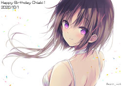 Rule 34 | 1girl, back, bare back, bare shoulders, blush, brown hair, choker, dated, dress, hagino chiaki, hair ornament, happy birthday, hinako note, looking back, march-bunny, purple eyes, short hair with long locks, smile, solo, twitter username, x hair ornament