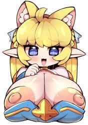Rule 34 | 1girl, :3, :d, ahoge, animal ear fluff, animal ears, arch bishop (ragnarok online), blonde hair, blue dress, blue eyes, blush, braid, breasts, breasts out, cat ears, commentary request, cropped torso, cross, crown braid, dress, huge breasts, large areolae, long hair, looking at viewer, medium bangs, nekoyuu, nipples, open mouth, pointy ears, ragnarok online, sidelocks, simple background, smile, solo, upper body, white background
