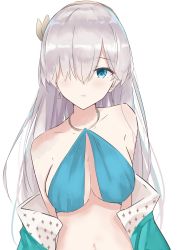 Rule 34 | 1girl, absurdres, anastasia (fate), bare shoulders, bikini, bikini top only, blue bikini, blue cloak, blue eyes, blush, breasts, cloak, collarbone, earrings, evening rabbit, fate/grand order, fate (series), hair over one eye, halterneck, highres, jewelry, long hair, looking at viewer, medium breasts, navel, off shoulder, silver hair, simple background, solo, swimsuit, white background