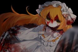 Rule 34 | 1girl, alternate costume, bleeding from forehead, blood, blood on clothes, bow, closed mouth, commentary request, crossed bangs, dress, empty eyes, frilled dress, frills, green eyes, hair ribbon, hairband, highres, ishmael (project moon), korean commentary, limbus company, lolita fashion, lolita hairband, long hair, long sleeves, mixed-language commentary, nanle, neck ribbon, no nose, orange bow, orange hair, orange ribbon, project moon, ribbon, solo, striped ribbon, white dress, white hairband, white ribbon