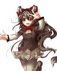Rule 34 | 10s, 1girl, bow, bowtie, brown hair, buttons, commentary request, cowboy shot, frilled skirt, frills, hair bow, kemono friends, long hair, long sleeves, motocompoooo, multicolored hair, pantyhose, plaid, plaid skirt, pleated skirt, quagga (kemono friends), quagga ears, quagga tail, skirt, solo, standing, standing on one leg, white hair