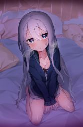 Rule 34 | 1girl, bed, bed sheet, blue eyes, blue jacket, blush, breasts, cleavage, collarbone, commentary request, hair between eyes, heart, heart-shaped pupils, highres, indoors, jacket, long hair, long sleeves, looking at viewer, mekyokyopon, on bed, open mouth, pillow, project sekai, shirt, silver hair, sitting, skirt, small breasts, solo, sweat, symbol-shaped pupils, wariza, yoisaki kanade