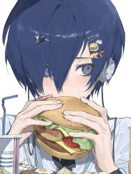 Rule 34 | 1boy, blue eyes, blue hair, blush, burger, copyright name, cup, disposable cup, drinking straw, earphones, eating, egg (food), food, food-themed hair ornament, hair between eyes, hair ornament, hair over one eye, hairclip, highres, holding, holding burger, holding food, kaiaik (zheliakaina), looking to the side, male focus, neck ribbon, persona, persona 3, ribbon, shirt, simple background, solo, sweat, upper body, watch, white background, white shirt, wristwatch, yuuki makoto (persona 3)