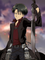 Rule 34 | 1boy, absurdres, belt, black coat, black gloves, black hair, black pants, blurry, blurry background, closed mouth, coat, commentary, cowboy shot, eren yeager, furrowed brow, gloves, green eyes, hair strand, highres, holding, holding sword, holding weapon, looking at viewer, male focus, micaoz, official style, open clothes, open coat, pants, red shirt, sanpaku, shingeki no kyojin, shirt, solo, standing, sword, thigh strap, three-dimensional maneuver gear, trench coat, weapon